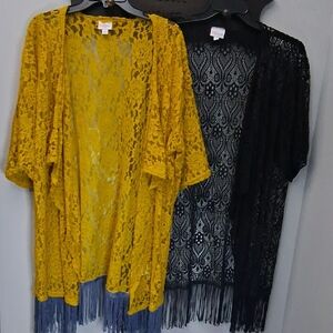 LuLaRoe Lace Mustard & Black Boho Fringe Kimono Cardigan Bundle NWOT Size LG